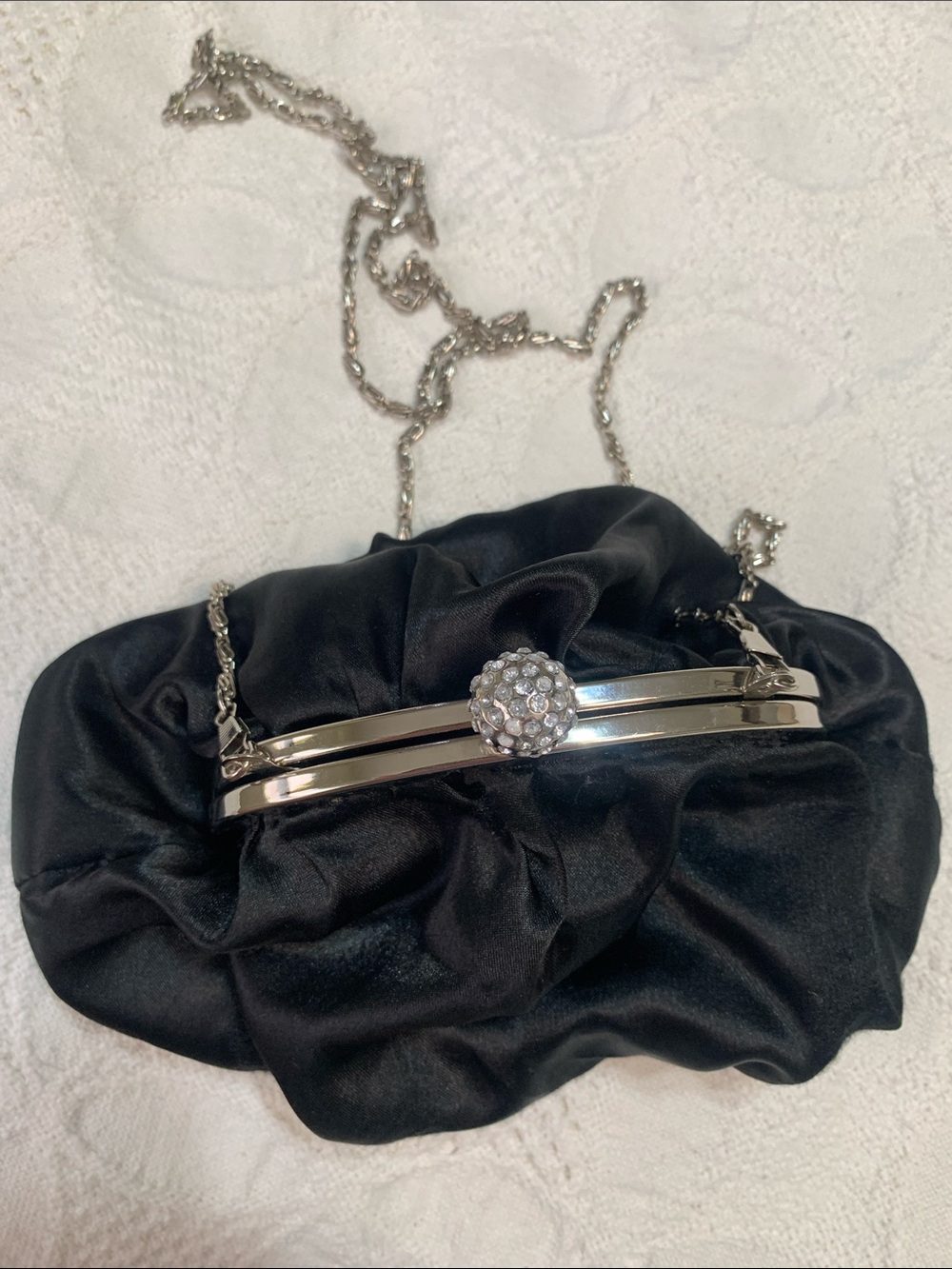 Vintage Black Satin Evening Clutch with Rhinestone Kiss-Lock clasp